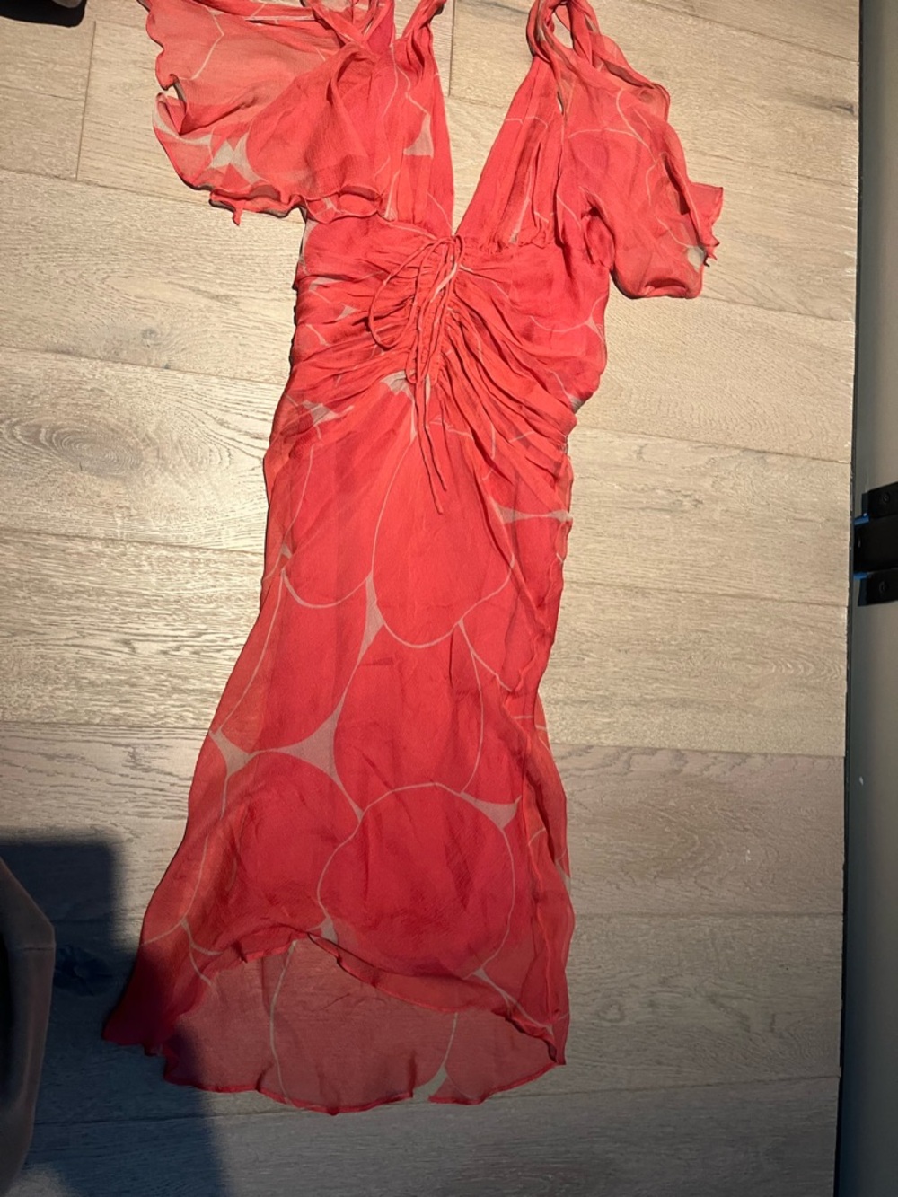 Gucci Coral Red Sheer Ruched Silk Dress - Picture 7 of 9